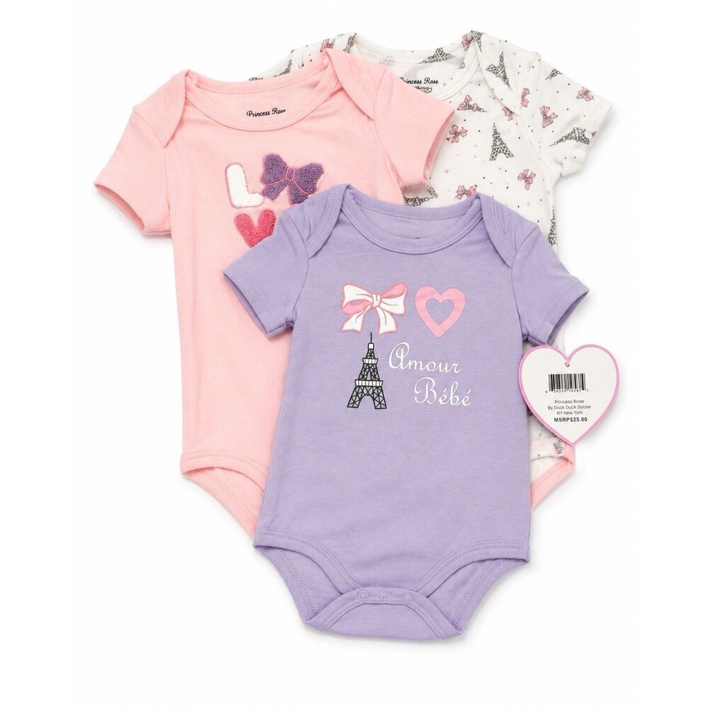 Princess Rose Duck Duck Goose Baby Girl 3 Pc Bodysuit Set Paris Love NWT